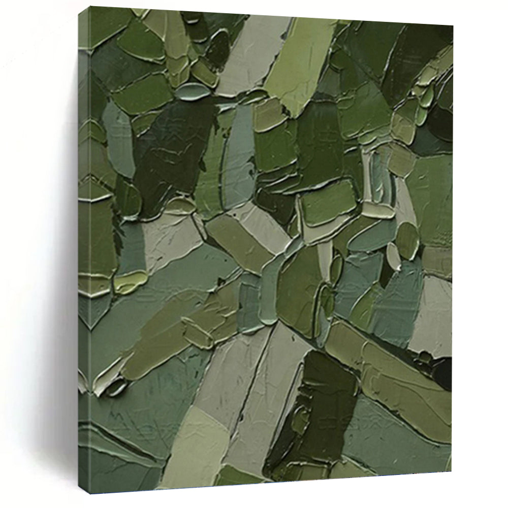 “Green Patchwork Abstract” - Cubist Abstract Painting On Canvas PT1211