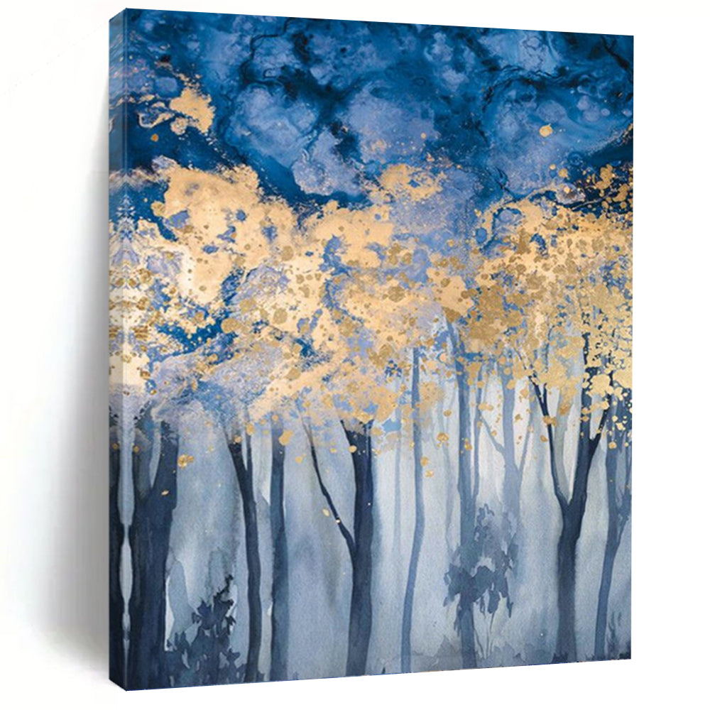 “Blue - Gold Forest: Dreamy Landscape” - Watercolor - Style Painting On Canvas PT0936