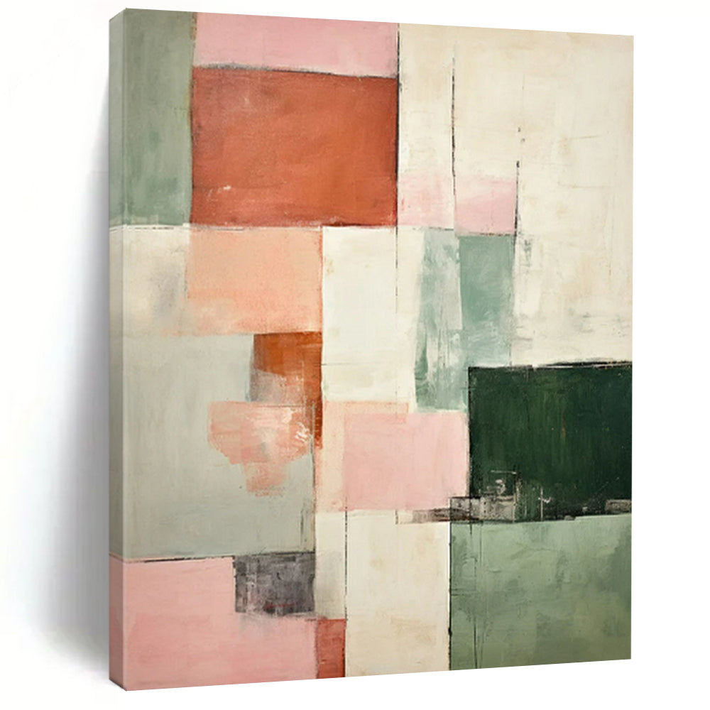 “Pink - Green Cubist Abstract” - Soft Cubist Abstract Painting On Canvas PT2299