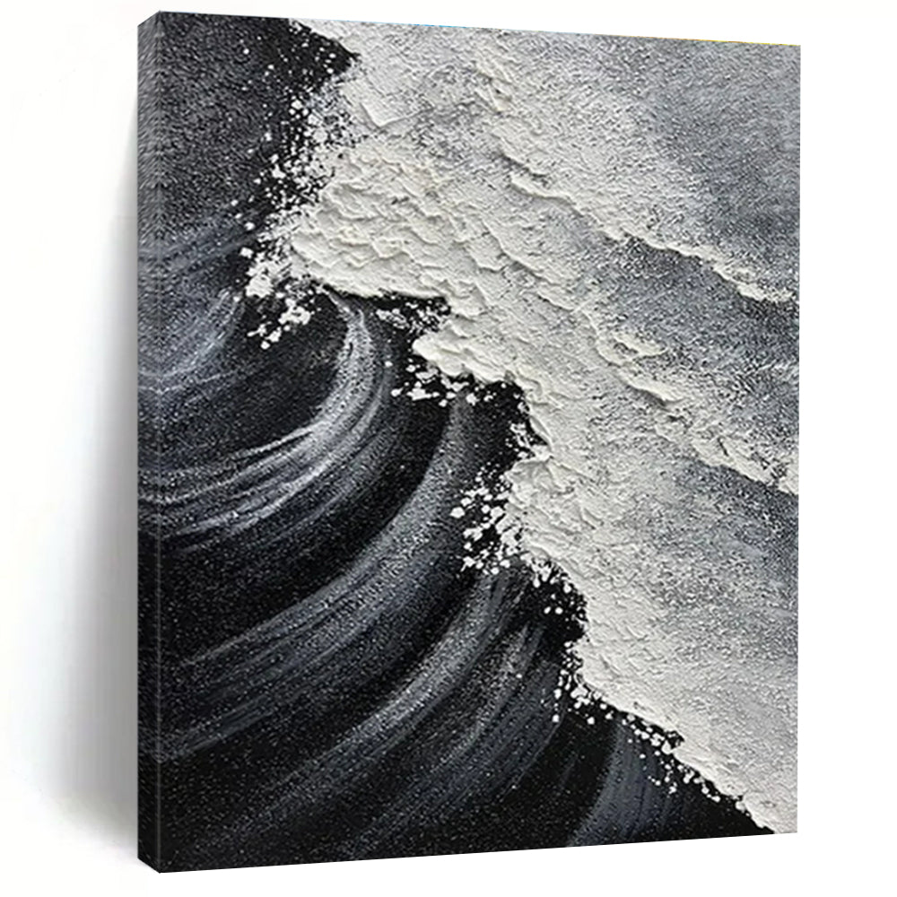 Black, White with Textured Wave "Monochrome Surf" Abstract Painting On Canvas PS1484