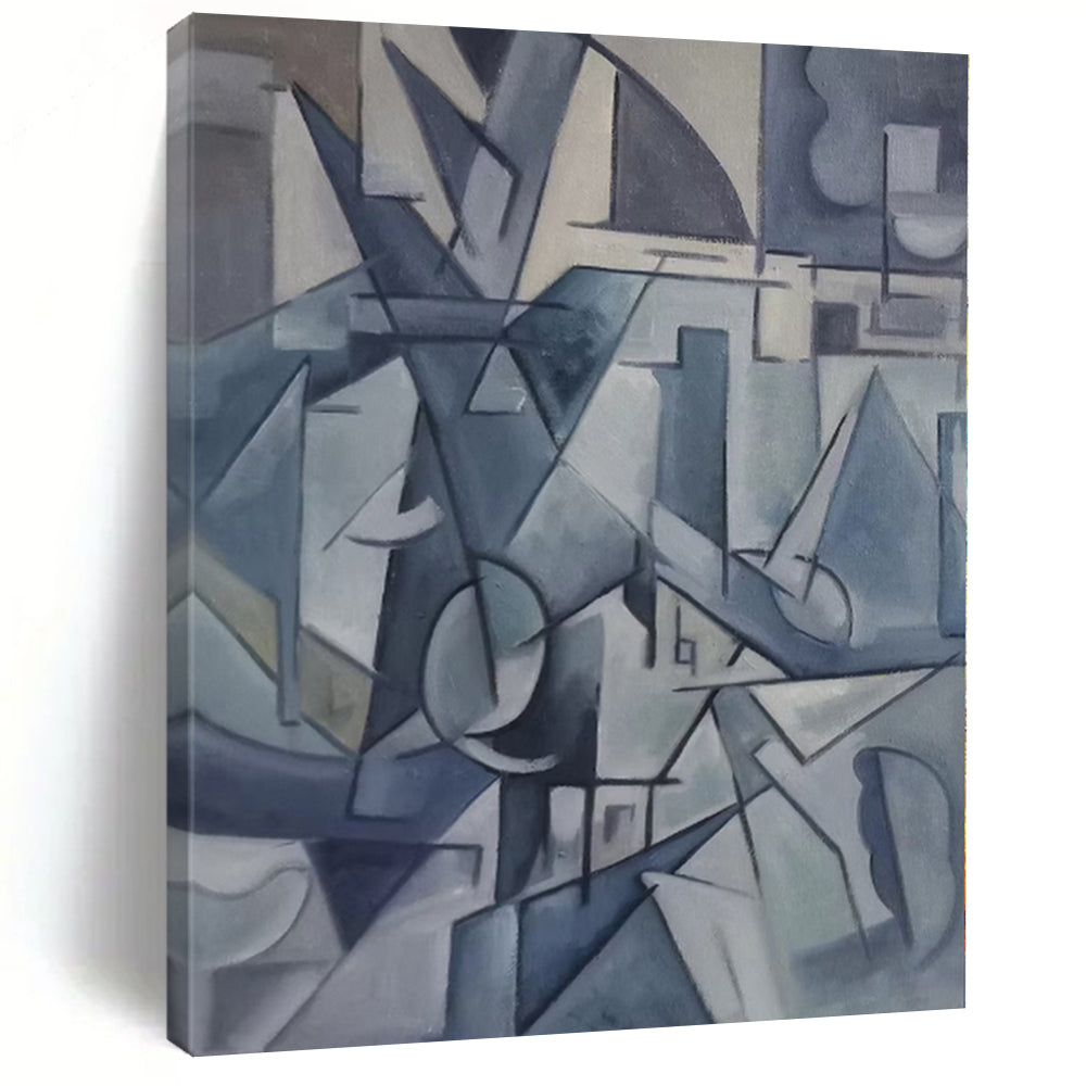 “Blue Cubist Chaos” - Blue, Gray Cubist Abstract Painting On Canvas PS0393