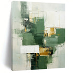 “Green, White, and Gold Abstract” - Cubist Geometric Painting On Canvas PT2292