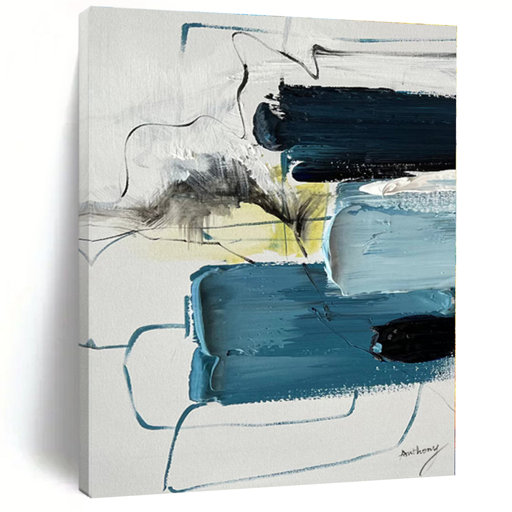 “Blue - Gray Abstract Blocks” - Blue, Gray, Yellow Abstract Painting On Canvas PS0484