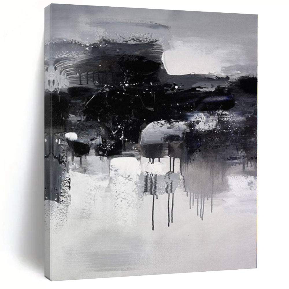 “Black - White - Grey Ink - like Abstract Drippings” Painting On Canvas PS0376