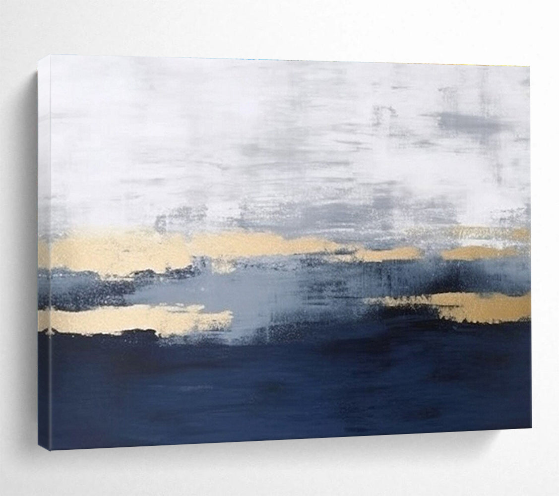“Gray Gold Abstract” - Gray, Gold & Blue Abstract, Minimalist Oil Painting On Canvas DKS786