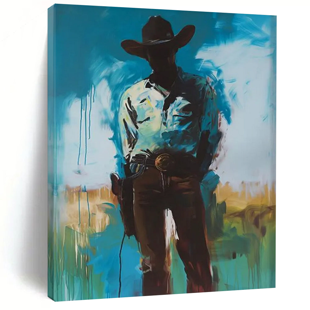 Mysterious Cowboy: Silhouette in Blue Painting On Canvas DS102