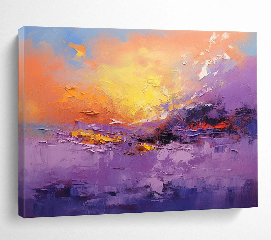 “Vibrant Purple and Orange Sunset Landscape” - Impasto Landscape Painting On Canvas PT084