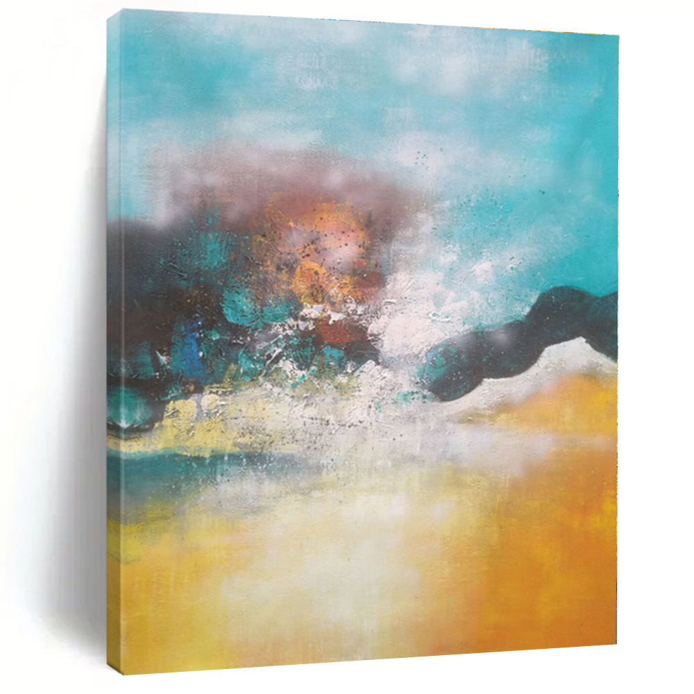 “Turquoise - Yellow Abstract Landscape” - Turquoise, Yellow, Brown Abstract Painting On Canvas PS0474