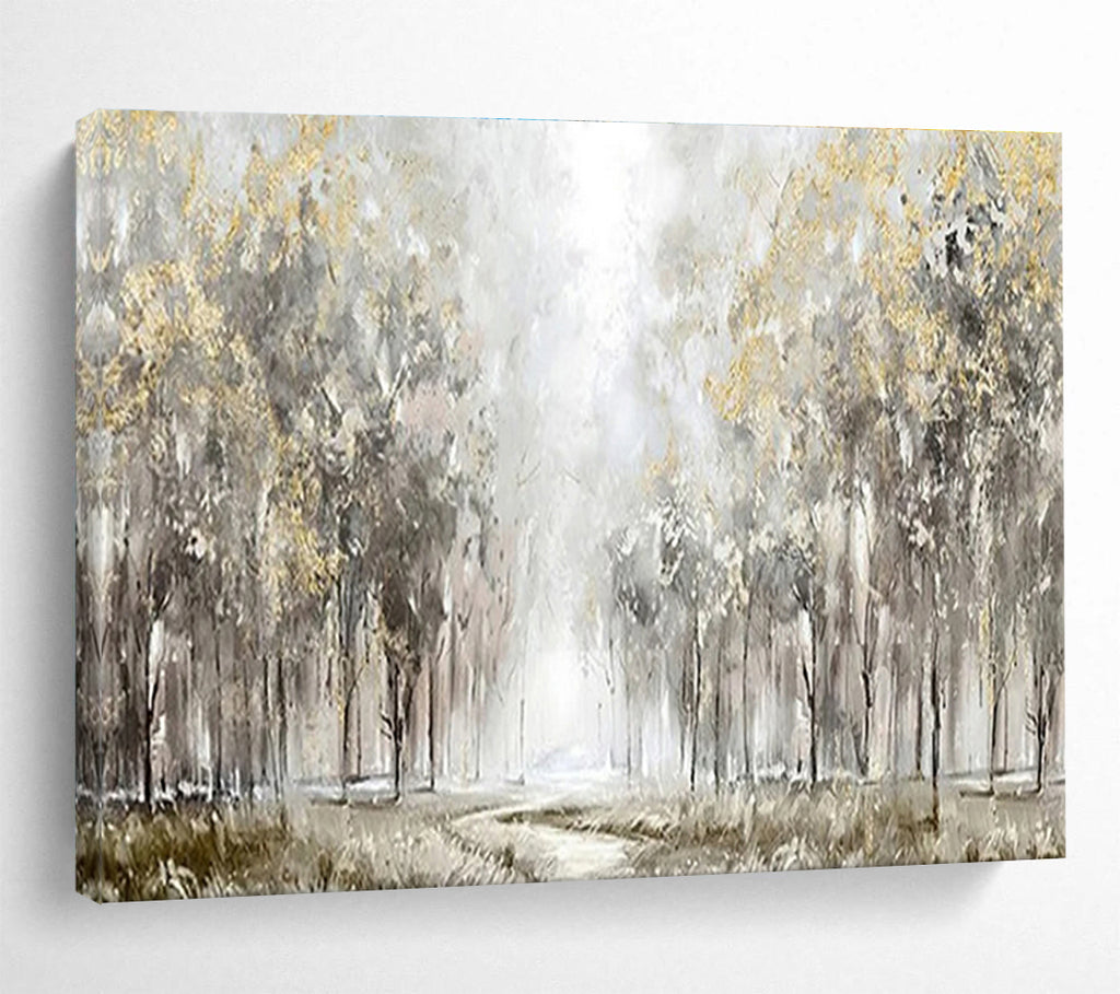 “Misty Golden Forest” - Gray, Gold & Green Landscape, Impressionistic Oil Painting On Canvas DKS737