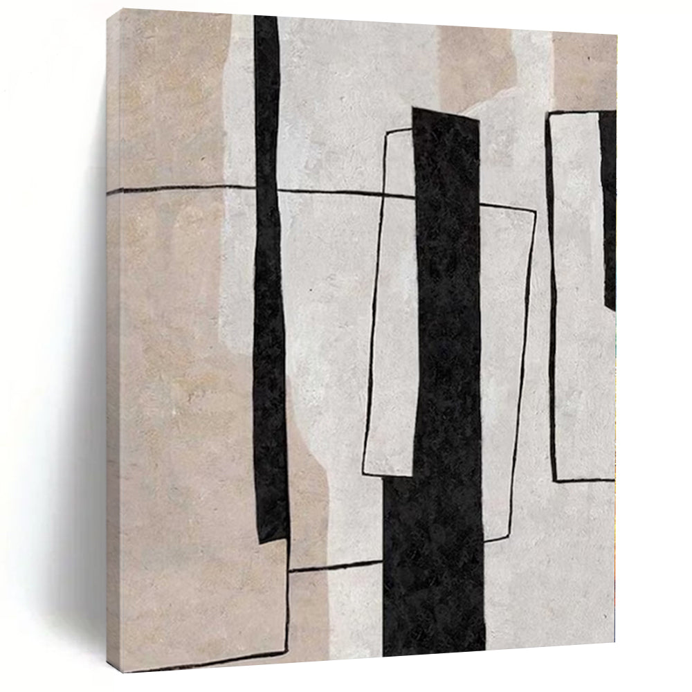 Black, White and Beige with Geometric Overlaps "Structured Unity" Abstract Painting On Canvas PS1159