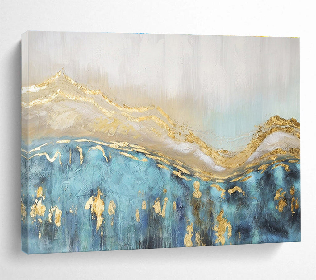 “Gold - Blue Abstract Peaks” - Blue, Gold & White Abstract, Textured Acrylic Painting On Canvas DKS733