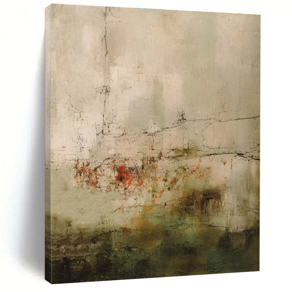 Beige, Gray, Green, Red with Subtle Lines "Faded Memory" Abstract Painting On Canvas PS1469