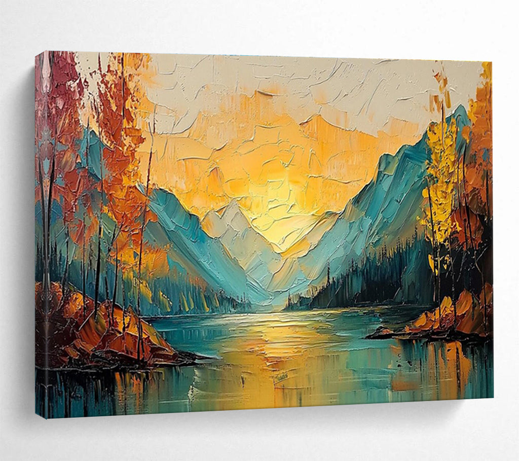“Sunset - Lit Mountain Lake” - Impasto Oil Painting on Canvas DKS907