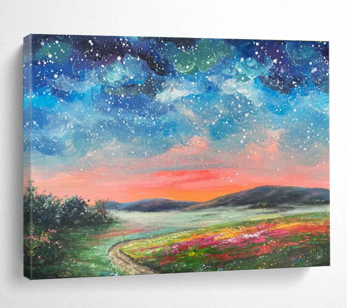 Starry Sunset Over Flower Field Landscape Painting On Canvas DKS122