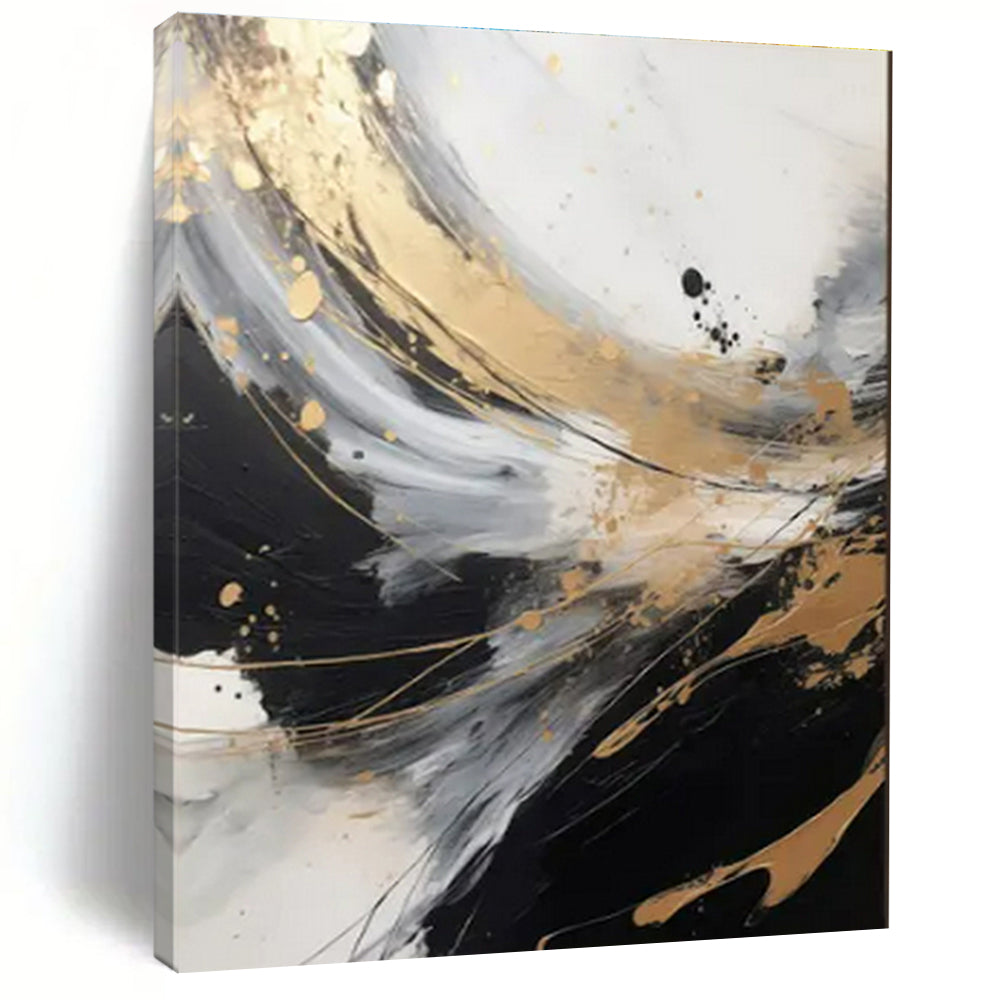 Black, White, Gold & Gray Dynamic Swirl "Midnight Gleam" Painting On Canvas PS0847