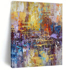“Vibrant Urban Abstraction” - Yellow, Blue, Purple Abstract Cityscape Painting On Canvas PS0545
