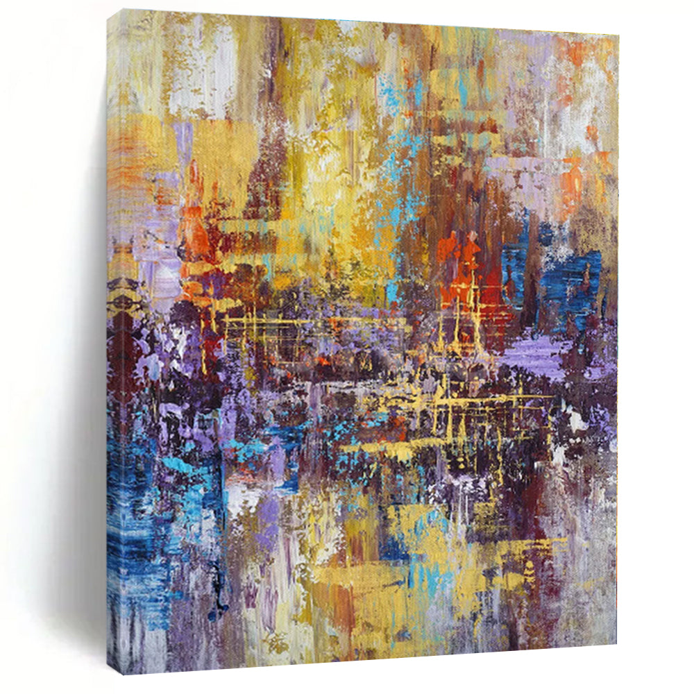 “Vibrant Urban Abstraction” - Yellow, Blue, Purple Abstract Cityscape Painting On Canvas PS0545