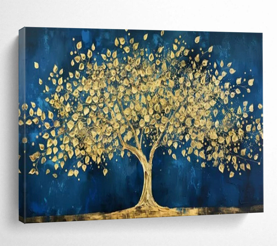 “Gold Tree on Blue” - Rich Gold “Golden Oasis” Painting On Canvas PT1620