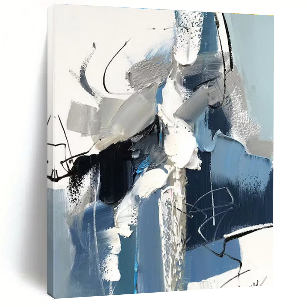 “Blue - Gray Abstract Composition” - Blue, Gray, White Abstract Expressionist Painting PS0771