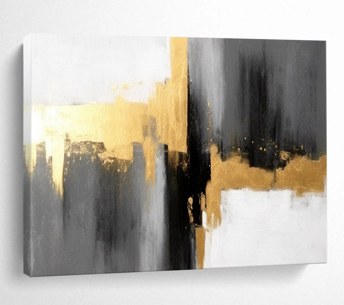 “Gray - Gold Abstract Blocks” - Metallic Accents “Urban Gleam” Painting On Canvas PT1648