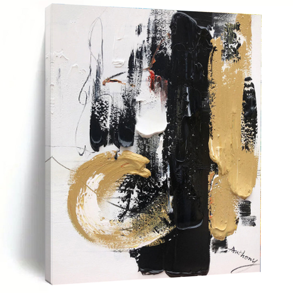 “Black - Gold Opulent Strokes” - Black, Gold, White Abstract Painting On Canvas PS0509