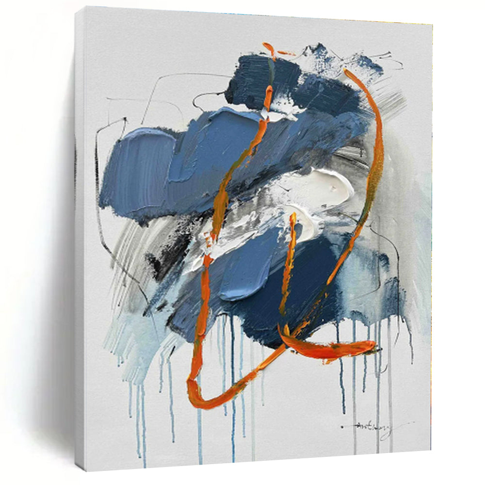 “Blue - Orange Expressive Drips” - Blue, Orange, Gray, White Abstract Painting On Canvas PS0507