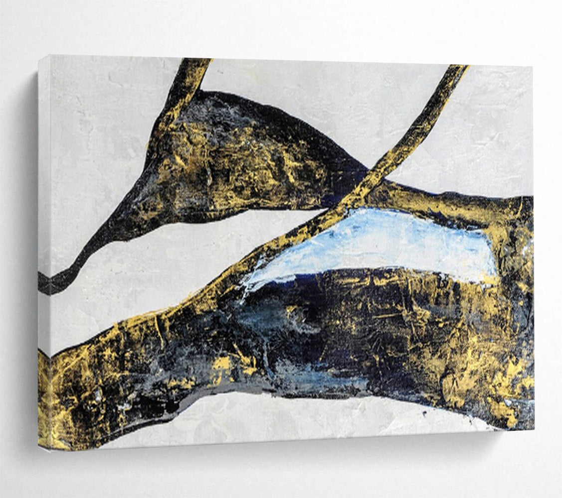 Black, Gold & Blue Abstract Shapes Painting On Canvas DKS011