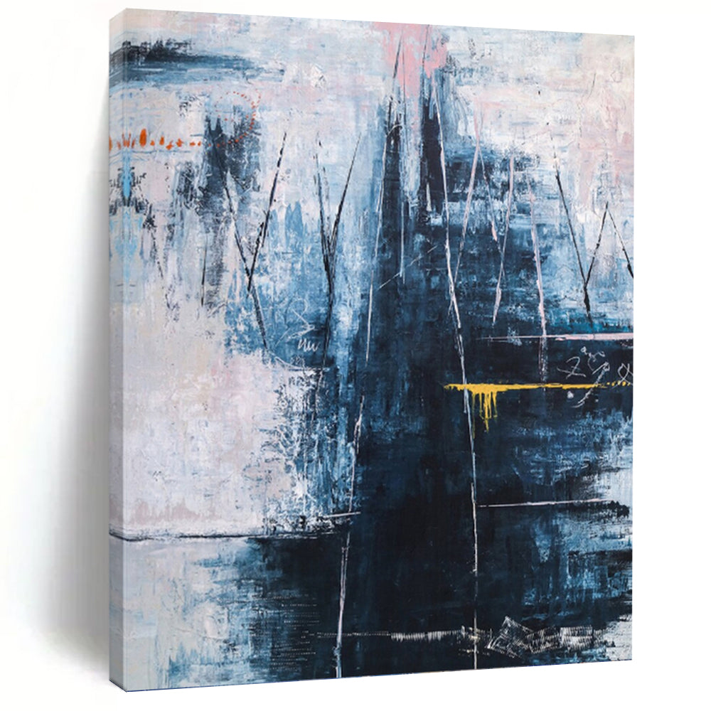 “Blue - Grey Abstract with Yellow” - Moody Abstract Painting On Canvas PT1111
