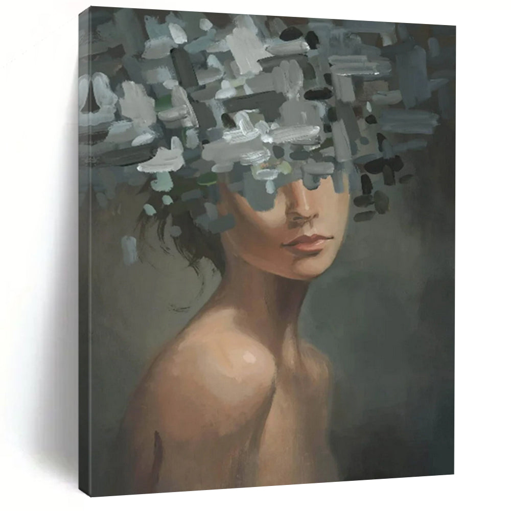 “Grey, Green, and White Fragmented Floral Head” - Abstract Figurative Painting On Canvas DS328