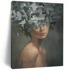 “Grey, Green, and White Fragmented Floral Head” - Abstract Figurative Painting On Canvas DS328