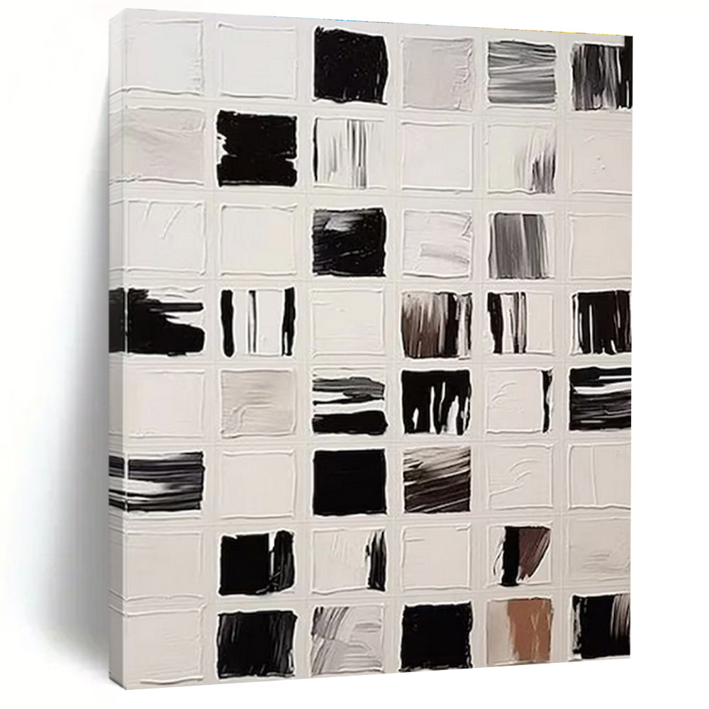 “Black & White Grid Textures” - Black, White Abstract Minimalist Painting On Canvas PS0676
