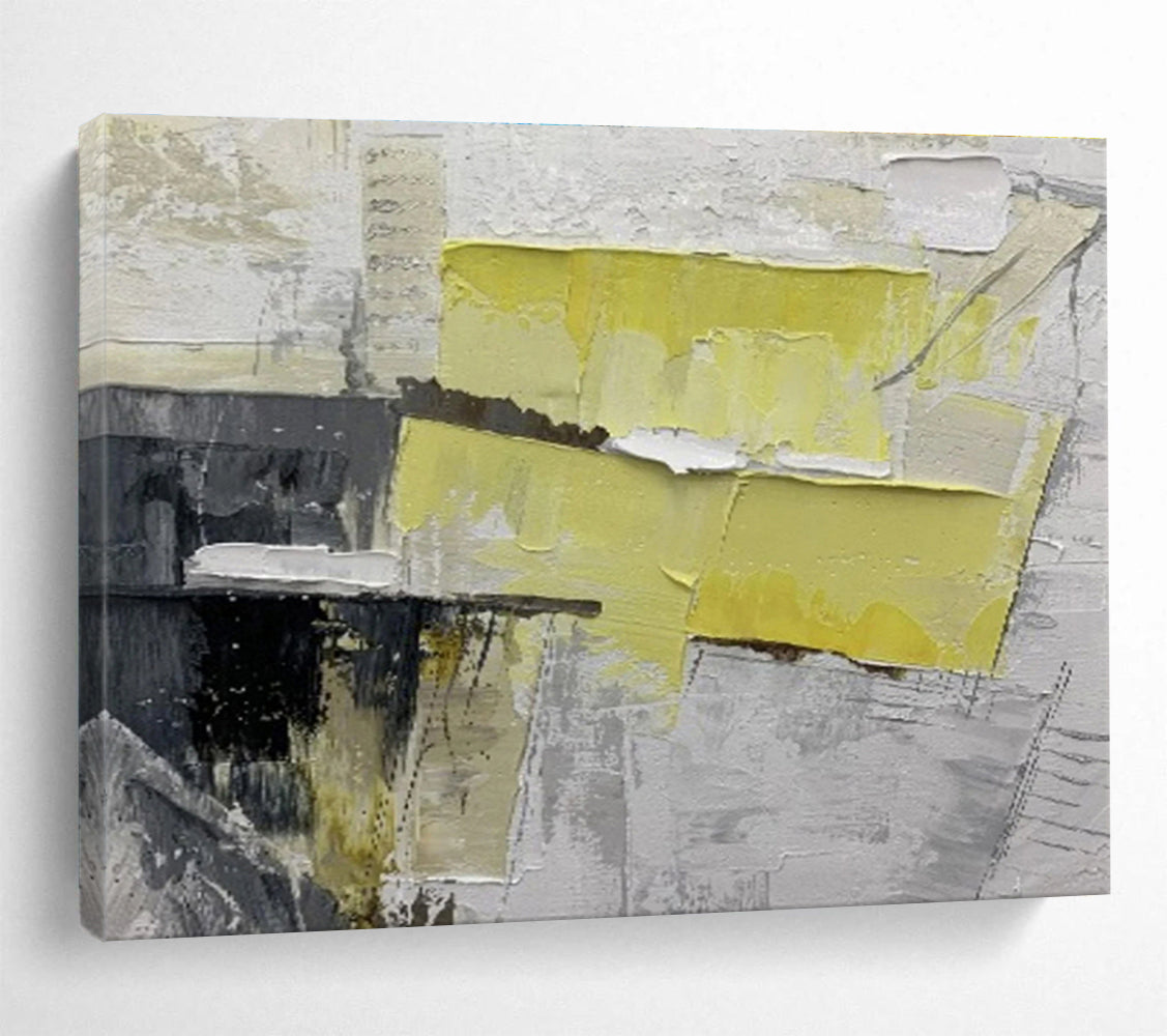 “Yellow and Gray Abstract Collage” - Abstract Mixed - Media Painting, Perfect for Office & Studio DKS595