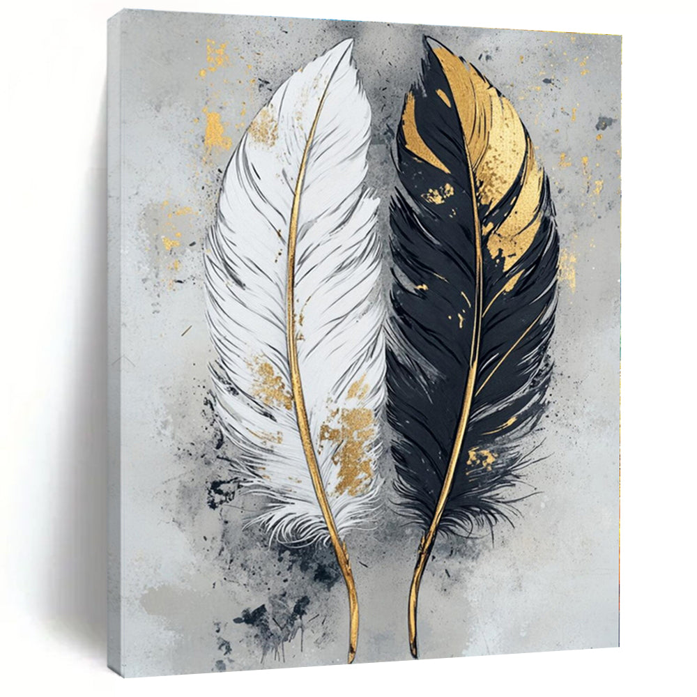 Black, White, Gold with Feathers "Gilded Feathers" Decorative Painting On Canvas PS1262