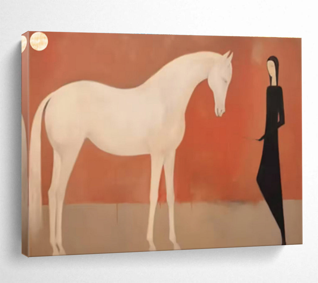 “Woman And Horse Silhouette” - Red, White & Black Figurative, Minimalist Painting On Canvas DKS730