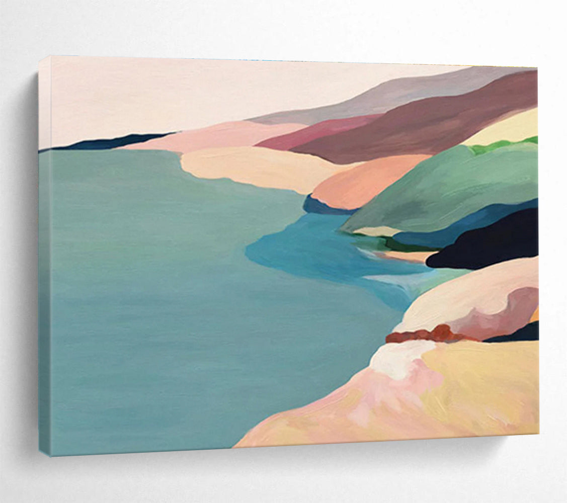 “Pastel Coastal Hills” - Blue, Pink & Beige Landscape, Minimalist Oil Painting On Canvas DKS741