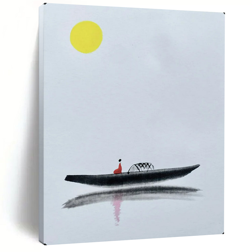 “Yellow Moon & Red Figure on Black Boat” - Minimalist Ink Painting On Canvas PT2163