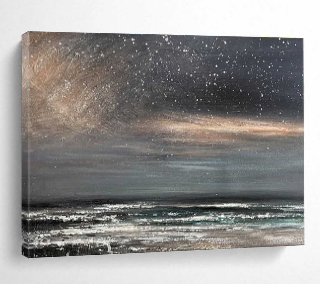 Dark Sky with Stars Over Grey Sea Seascape Painting On Canvas DKS103