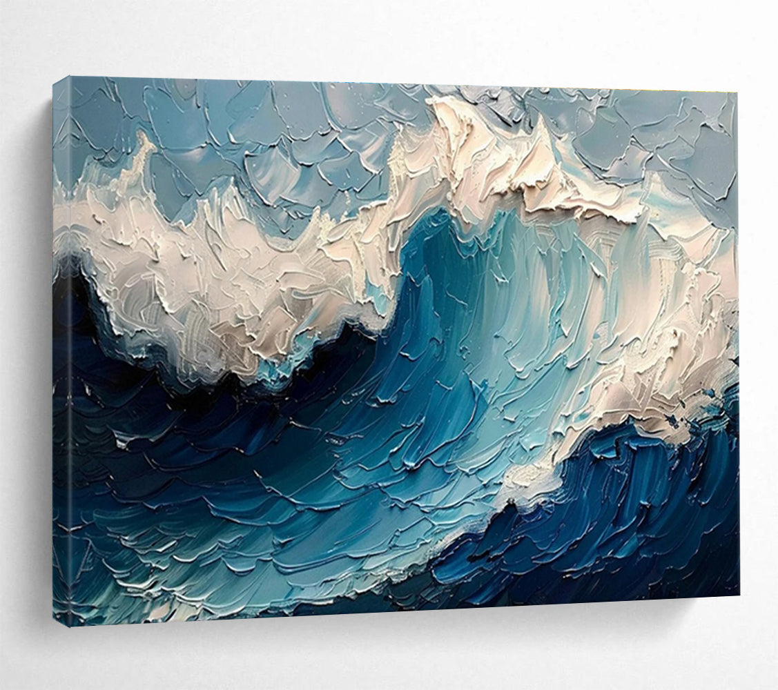 “Textured Ocean Wave” - Blue, White & Gray Seascape, Impasto Oil Painting On Canvas DKS766