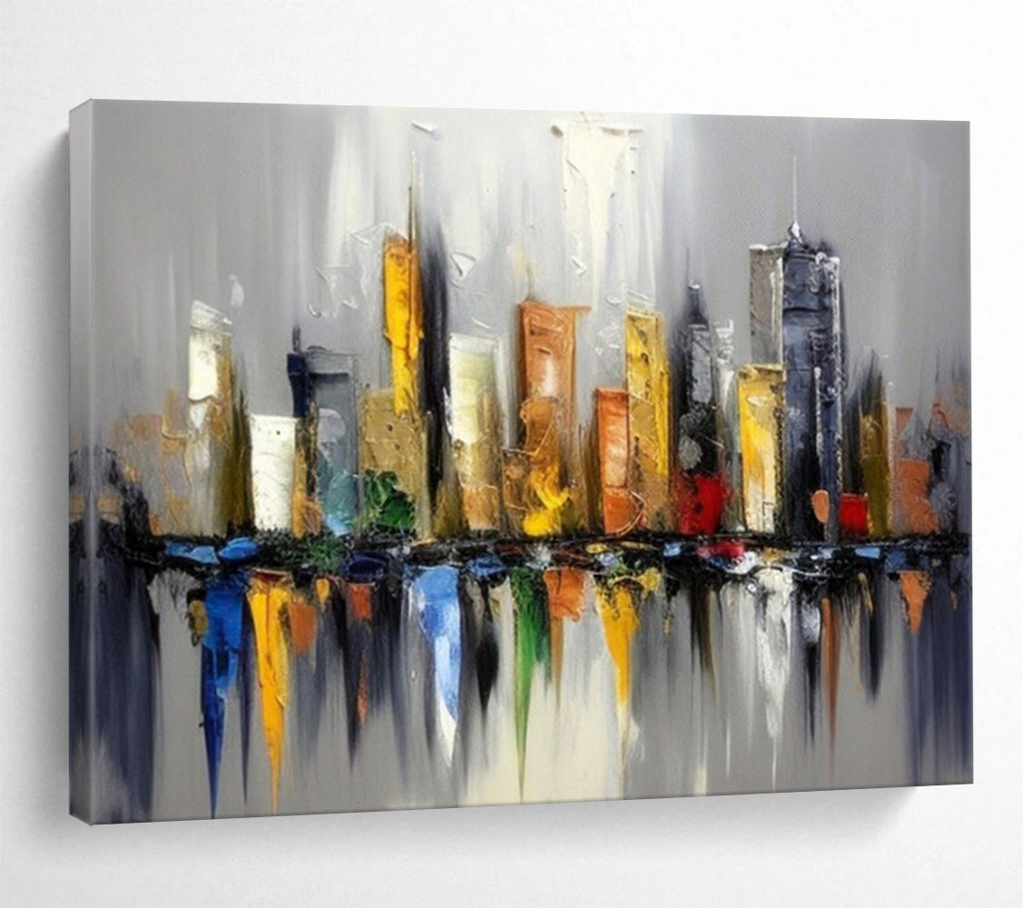 “Colorful Cityscape Reflection” - Vibrant Urban “Metro Mirror” Painting On Canvas PT1647
