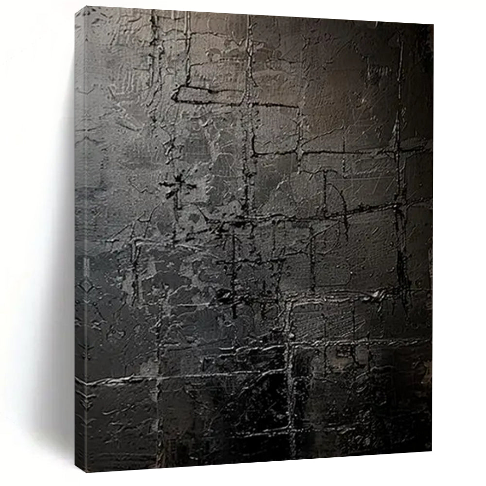 “Dark Gray Textured Grid” - Abstract Impasto Painting On Canvas PT2363
