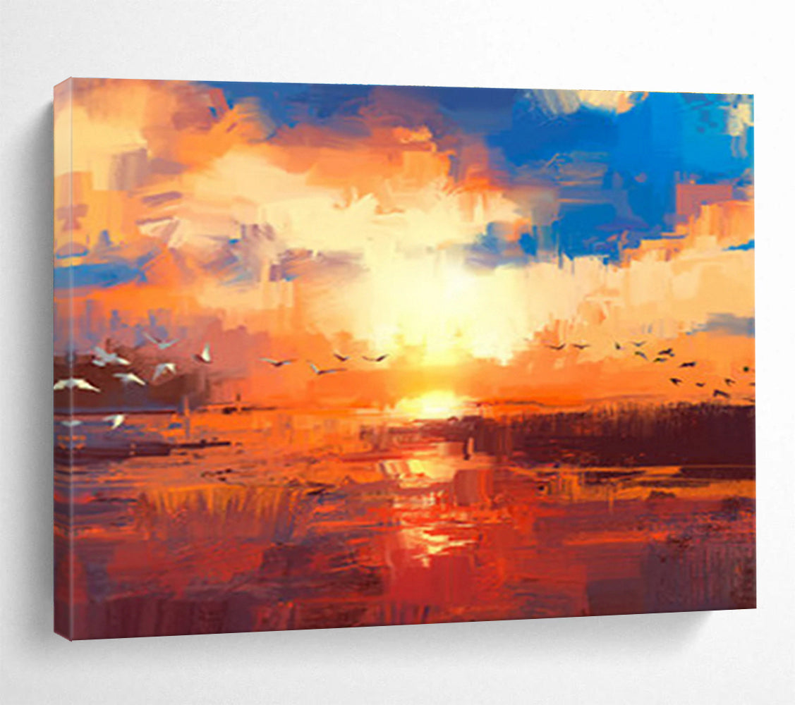 “Colorful Birds at Sunset Abstract” - Lively Landscape Painting On Canvas DKS387