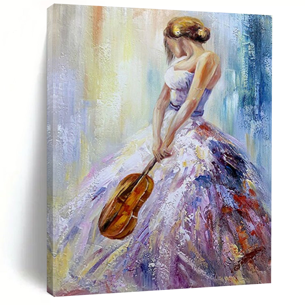 “Woman in Colorful Gown with Violin” - Vibrant Oil Painting On Canvas PT2182