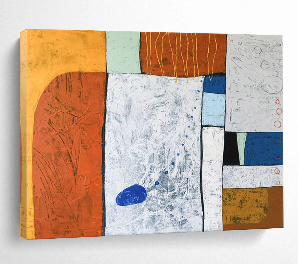 “Textured Color Blocks in Orange, Green, Blue” Mixed Media Abstract Painting On Canvas PT1807