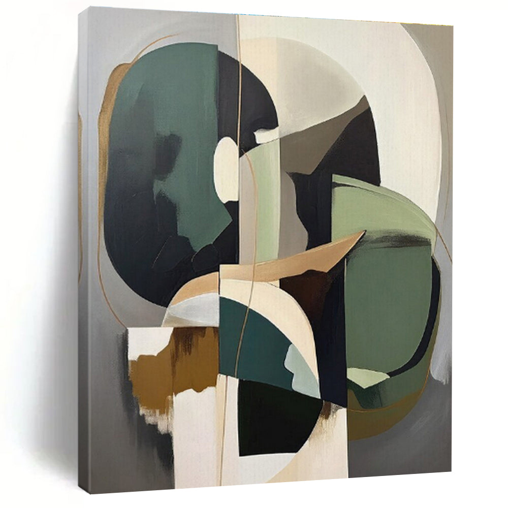 “Green - Gray Abstract Geometry” - Green, Gray, Neutral Tones Abstract Geometric Painting On Canvas PS0739