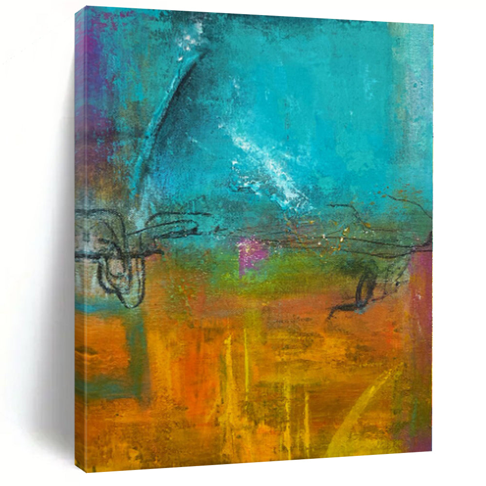“Turquoise - Orange Abstract” - Vibrant Abstract Painting On Canvas PS0059