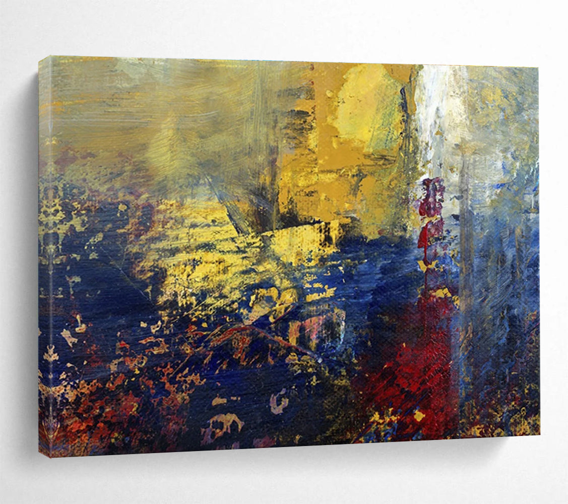 “Golden - Blue Abstract Vista” - Gold, Blue & Purple Abstract, Impasto Oil Painting On Canvas DKS722