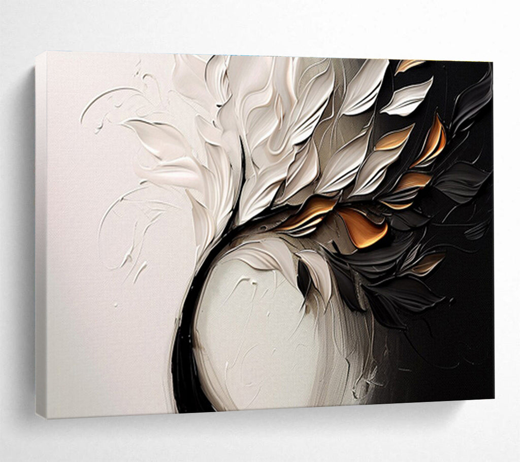 “Elegant Floral Swirl” - White, Black & Gold Floral, Textured Oil Painting On Canvas DKS748