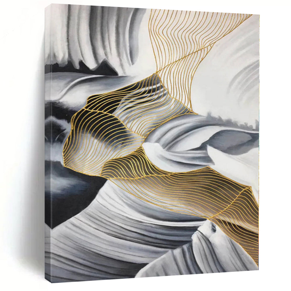 “Black - White - Gold Abstract Flowing Lines” - Luxe Abstract Painting On Canvas PS0351