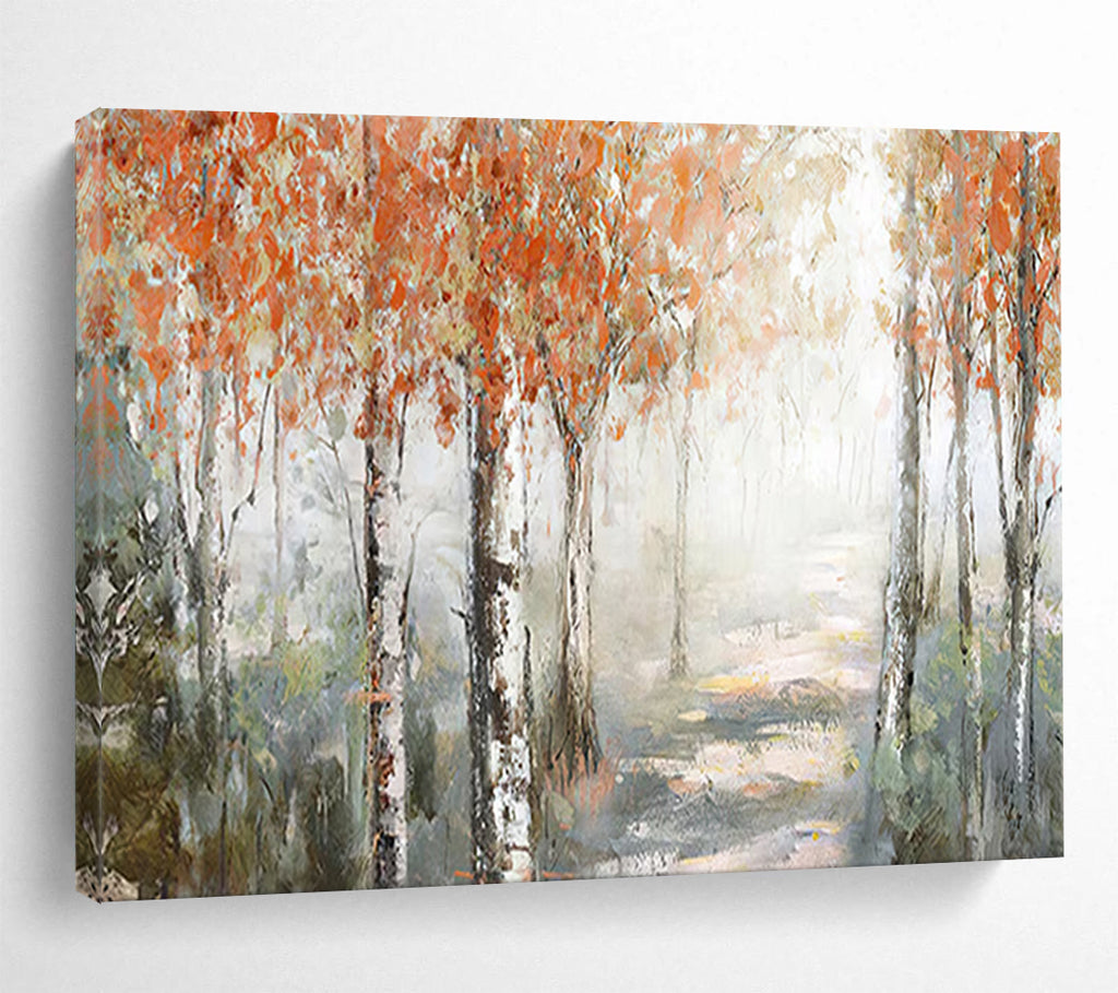 “Autumn Birch Forest Path” - Misty Landscape Painting On Canvas PT222