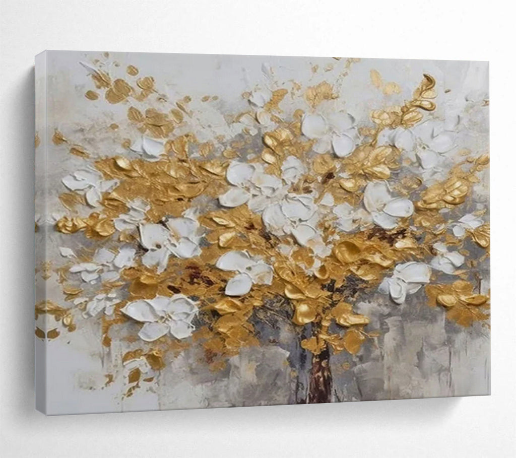 “Gold & White Blossom Tree” - Textured Floral Painting On Canvas PT246